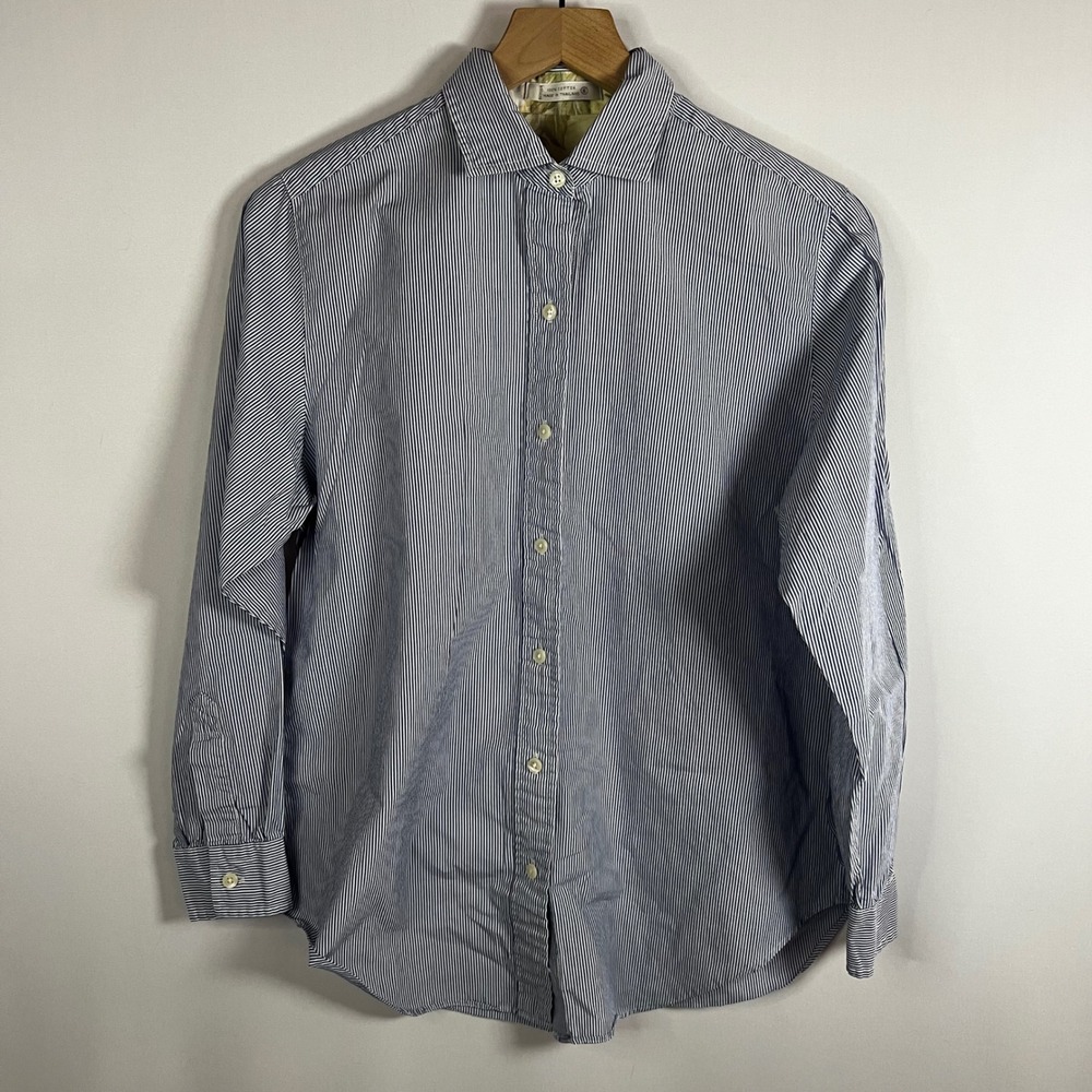 Foxcroft Blouse Women 8 Blue White Striped Cotton Non-Iron Button Down Shirt Y2K